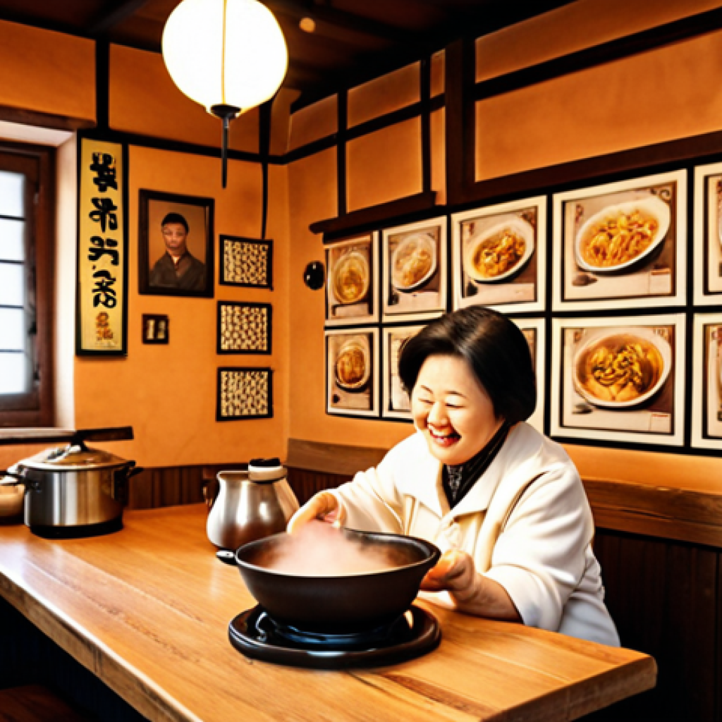 **Prompt:** Cozy, vintage tteokbokki restaurant interior. Warm lighting, old photographs on the wall, grandma serving smiling customers, steam rising from a bubbling pot. Instagrammable food.